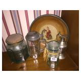 KMD PEWTER PITCHER, STEIN JARS, POTTERY SANTA