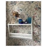 WICKER SHELF W/ BLUE BOTTLES, WATERFORD VASE ETC.