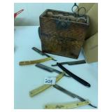 STRAIGHT RAZORS, OAK BOX NO LID 4 STRAIGHT RAZORS
