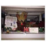 CHRISTMAS STUFFED ANIMALS, PAINTING, CANDLE