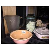 GLASS PITCHER, ROSES IN JAR, CASSEROLE