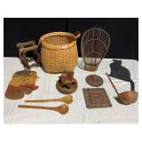 WOODEN STAR ON STAND, BASKET DOLL CHAIR, BASKET