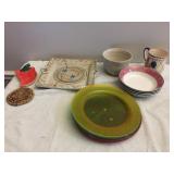 POTTERY SERVING TRAY, PLASTIC PLATES, POTTERY