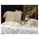 CROCHETED PILLOW SHAMS, EMBROIDERED RUNNERS,