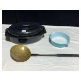 PYREX CASSEROLE, SMALL BLUE SMALL SPECKLE WARE