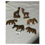 6 HAND CARVED WOOD ANIMAL FIGURINES