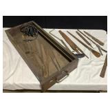 WOOD TOOL BENCH DRAWER WITH ASSORTED FILES, HACK