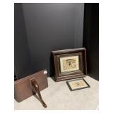 WALL SHELF, SHADOWBOX FRAME AND 2 PRINTS