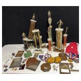 ASSORTED TROPHIES, MOSTLY WRESTLING, PATCHES,