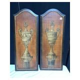 2 MATCHING WOOD WALL PLAQUES WITH GOLDEN URNS,