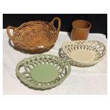SMALL CROCK SIGNED, 2 HANDLED BASKET AND 2 ROPE