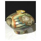 13X16 GLAZED POTTERY VASE, 4 FACES, INLAID TILES,