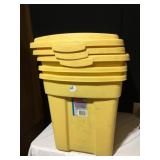 3 YELLOW ROUGH NECK RUBBERMAID TOTES, ONE LID