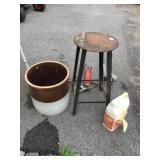 STEEL STOOL, CROCK W/ CRACK, 3 GREASE GUNS.