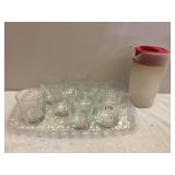 GLASSES, PLASTIC TRAY, PITCHER