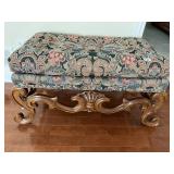 BENCH W/ CARVED WOOD, TUFTED TOP 39" W X 20" D X
