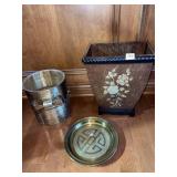 TRASH CAN W/ WOOD BASE, BRASS TRAY