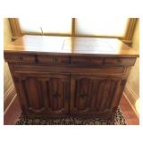 WOOD SEWING MACHINE CABINET WITH A SINGER SEWING