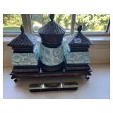 TRAY WITH TIN CONTAINERS, ROSE/LEAF DESIGN AND