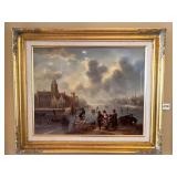 22" X 26" ICE SKATING LAKE SCENE ON BOARD SIGNED