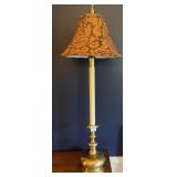 BRASS CANDLESTICK LAMPS W/ BURGUNDY SHADES 38" H