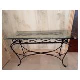 STONE AND IRON BASE GLASS TOP TABLE ROUNDED EDGE