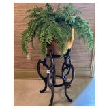 COPPER PLANTER W/ ARTIFICIAL FERN AND WOOD UNIQUE