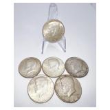 SIX 1964 KENNEDY HALF DOLLARS