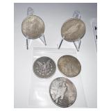 1892 O MORGAN DOLLAR, (4) PEACE DOLLARS 1921 P,