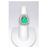 EMERALD COCKTAIL RING 10 DIAMONDS SURROUND CENTER