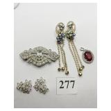 RHINESTONE PIN, TWO FLOWER PINS, TRIFARI PENDANT,