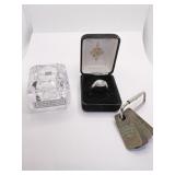 METAL TAGS ON RING; COSTUME RING SZ. 7