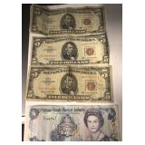 3 RED SEAL $5.00 BILLS & $1.00 CAYMAN ISLAND BILL