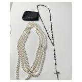 LONG STRAND FAUX BEADS, ROSARY, ZIPPER COIN