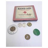 VINTAGE BAND-AID TIN, CINN. TRANSIT COINS