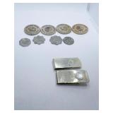 WOODEN NICKELS, MONEY CLIP J.I.P.R. CO. WAITERS