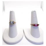 10K TWO RINGS LIGHT BLUE STONE, PINK STONE W/