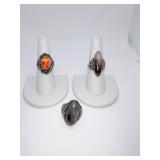 THREE SILVER RINGS SIZE 7.25 AMBER LIKE STONE,