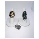 THREE RINGS ONE STERLING BAND SIZE 6, ONE MARKED