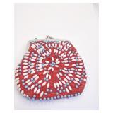 COIN PURSE RED BACK W/ BLUE/WHITE BEADS
