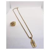 GOLD ELECTROPLATE NUGGET RING AND CHAIN W/ CROSS
