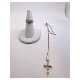 14K RINGS AND NECKLACE .15 TOTAL DIAMOND ON CROSS