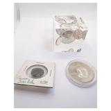 1965 COINS IN LUCITE, CARNIVAL GLASS 1910 BUTTON;