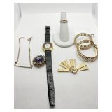 TIMEX WATCH, LARGE CLIP-ON EARRINGS, RING