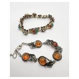 TWO BRACELETS ONE STERLING WITH AMBER COLOR