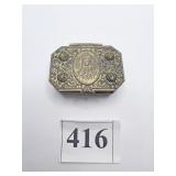 TIN PILL BOX HINGE BOX W/ AMBER COLOR STONES ON