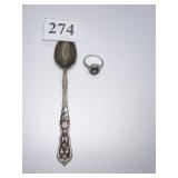 ENAMELED SPOON STERLING AND 10K RING BLACK