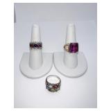 925 SIZE 8 PURPLE STONE RING, SIZE 7 925 RING