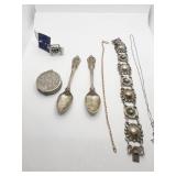 STERLING GROUP: 2 SPOONS, BRACELET W/ RAISED
