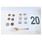 1999 & 2000 QUARTERS, 2 FOREIGN COINS, 4 PENNIES